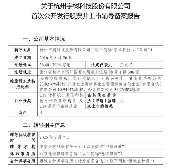 宇树科技接受上市辅导：估值超百亿拟A股上市王兴兴持股近35%(图1)